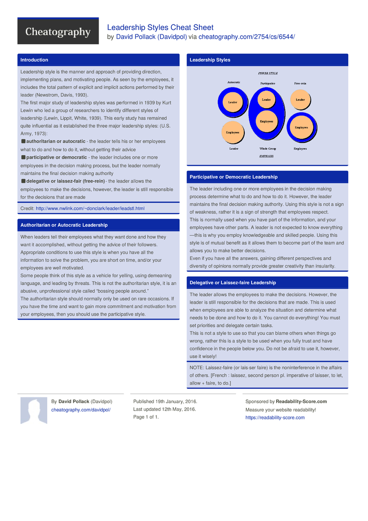 Leadership Styles Cheat Sheet By Davidpol Download Free From Cheatography 