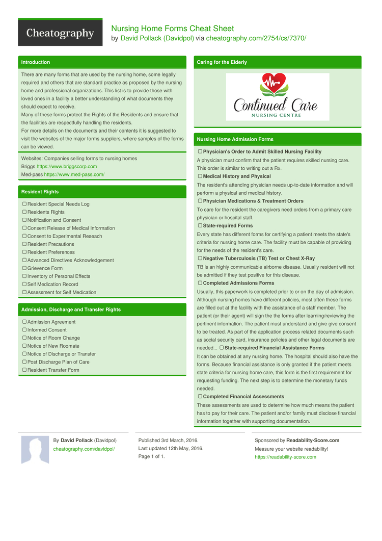 Nursing Home Forms Cheat Sheet by Davidpol - Download free ...