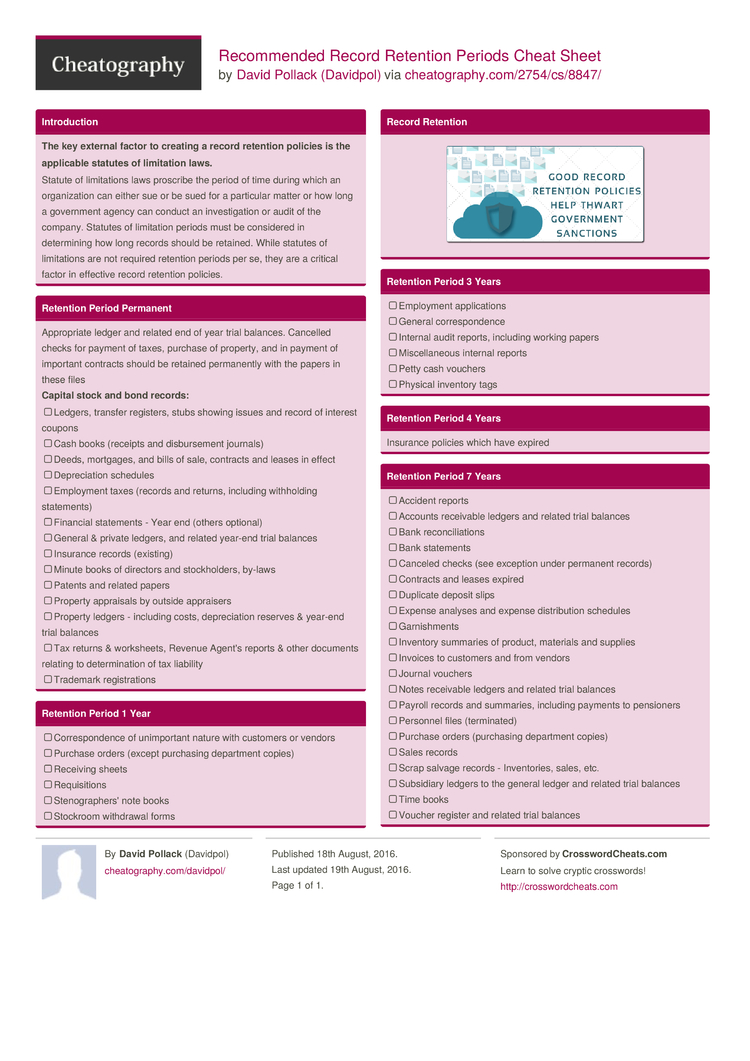 Record Retention Periods Cheat Sheet by Davidpol Download
