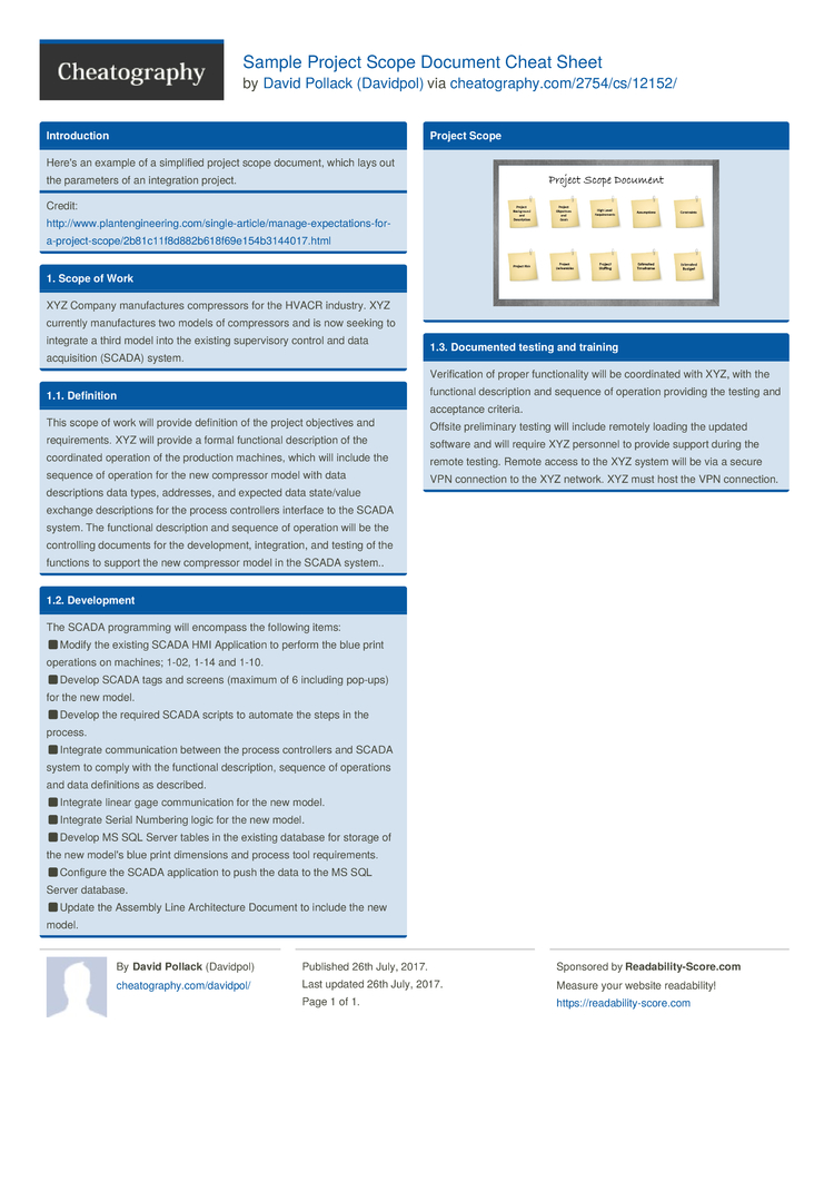 sample project scope document cheat sheet by davidpol cheat sheet sample