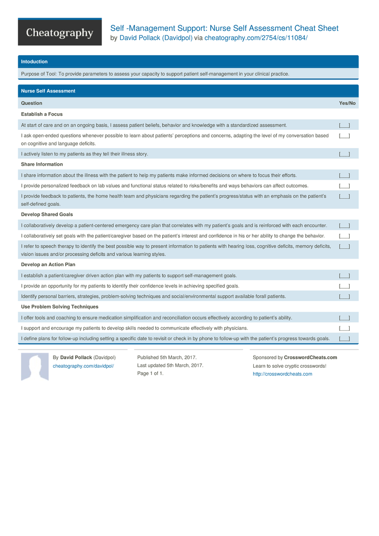 Self -Management Support: Nurse Self Assessment Cheat Sheet by Davidpol ...