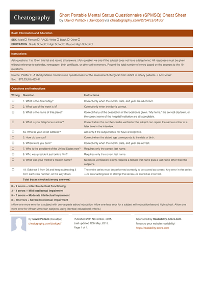 FROMAJE Mental Status Evaluation Cheat Sheet by Davidpol - Download ...