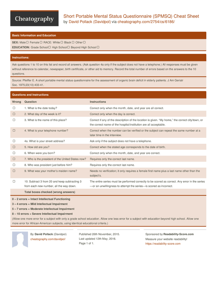 Short Portable Mental Status Questionnaire (SPMSQ) Cheat Sheet by ...