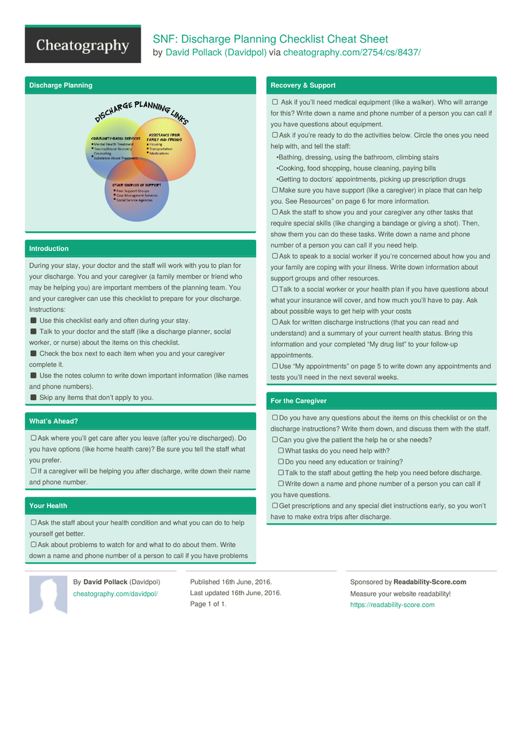 SNF: Discharge Planning Checklist Cheat Sheet by Davidpol - Download