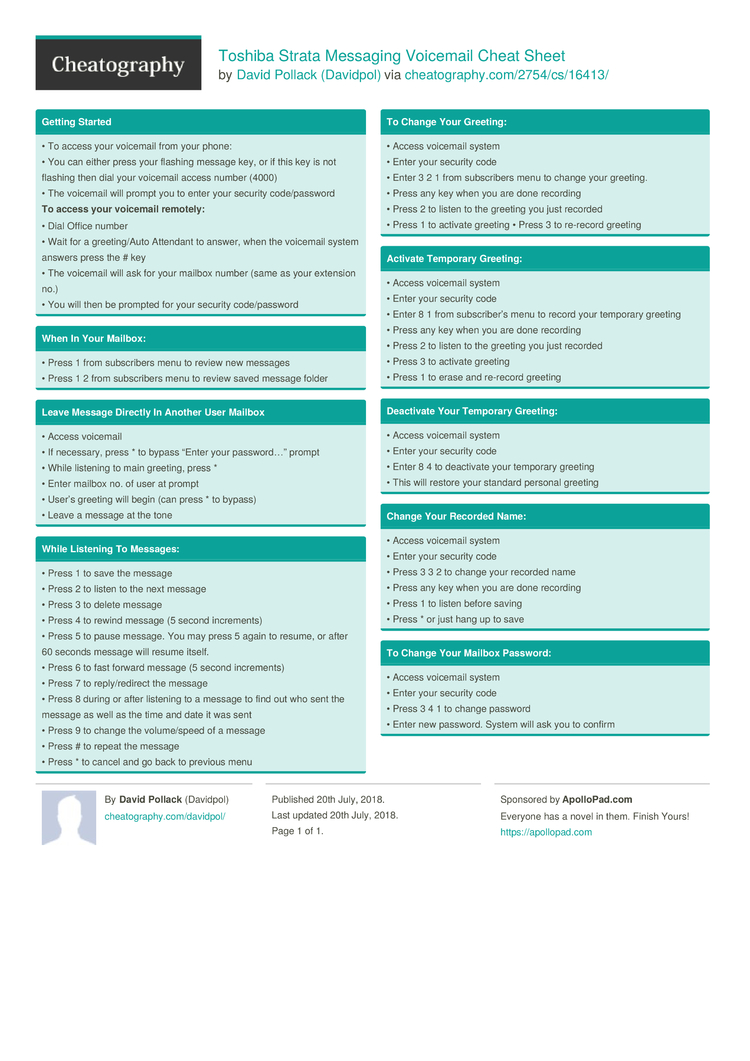 Toshiba Strata Messaging Voicemail Cheat Sheet by Davidpol - Download ...