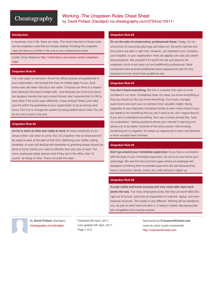 Working The Unspoken Rules Cheat Sheet by Davidpol Download free