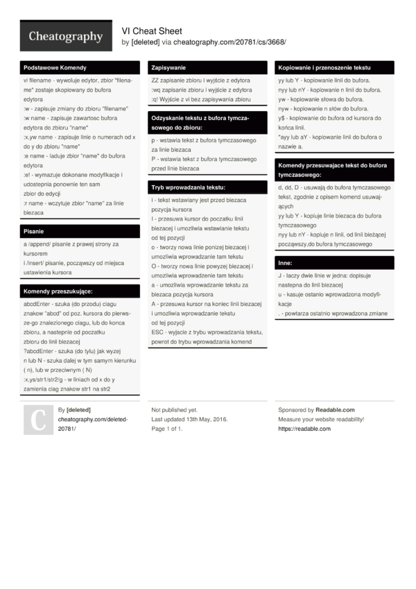 Vi Cheat Sheet By Deleted Download Free From Cheatography Cheat Sheets 8648