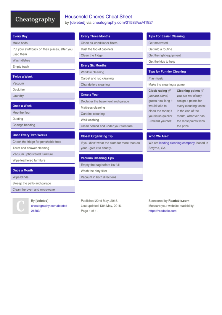 Household Chores Cheat Sheet by [deleted] - Download free from Cheatography  - Cheatography.com: Cheat Sheets For Every Occasion