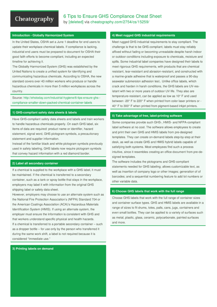 6 Tips To Ensure Ghs Compliance Cheat Sheet By Deleted Download Free From Cheatography Cheatography Com Cheat Sheets For Every Occasion