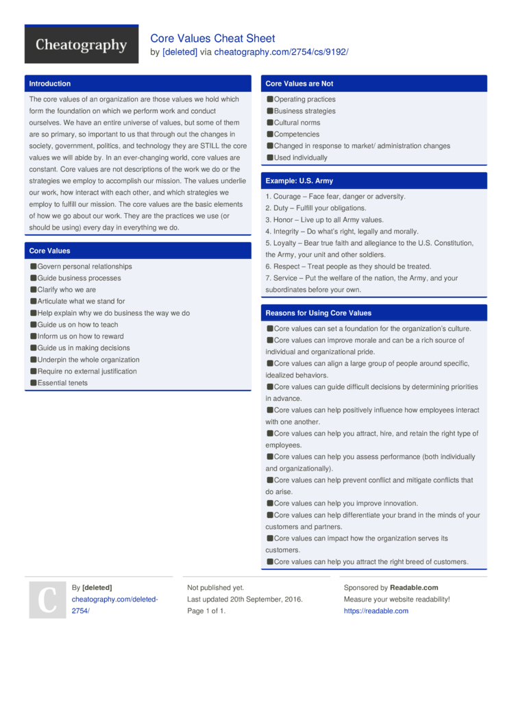Core Values Cheat Sheet by [deleted]   Download free from ...