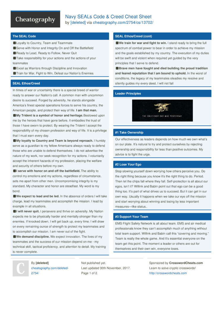 Navy Seals Code Creed Cheat Sheet By Deleted Download Free From Cheatography Cheatography Com Cheat Sheets For Every Occasion