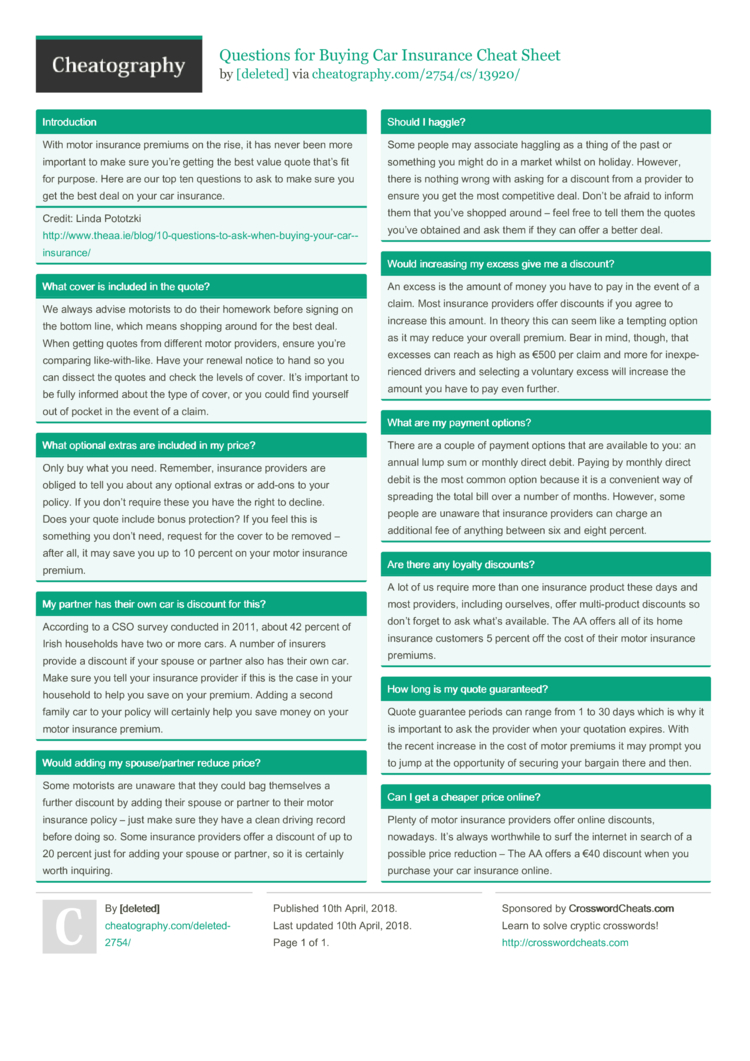 Questions For Buying Car Insurance Cheat Sheet By Deleted Download Free From Cheatography Cheatography Com Cheat Sheets For Every Occasion