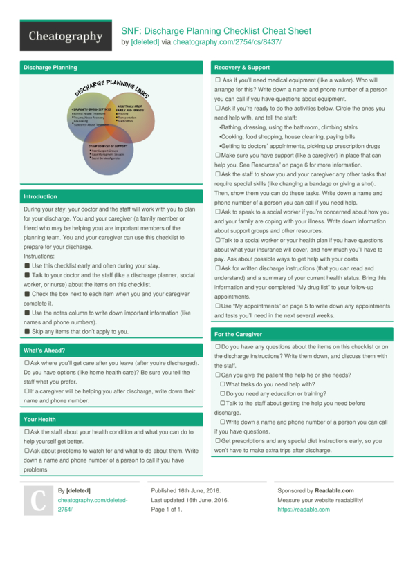 SNF: Discharge Planning Checklist Cheat Sheet by [deleted] - Download