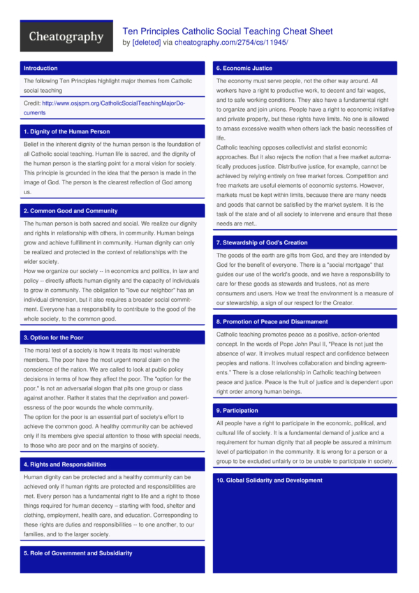 ten principles catholic social teaching cheat sheet by