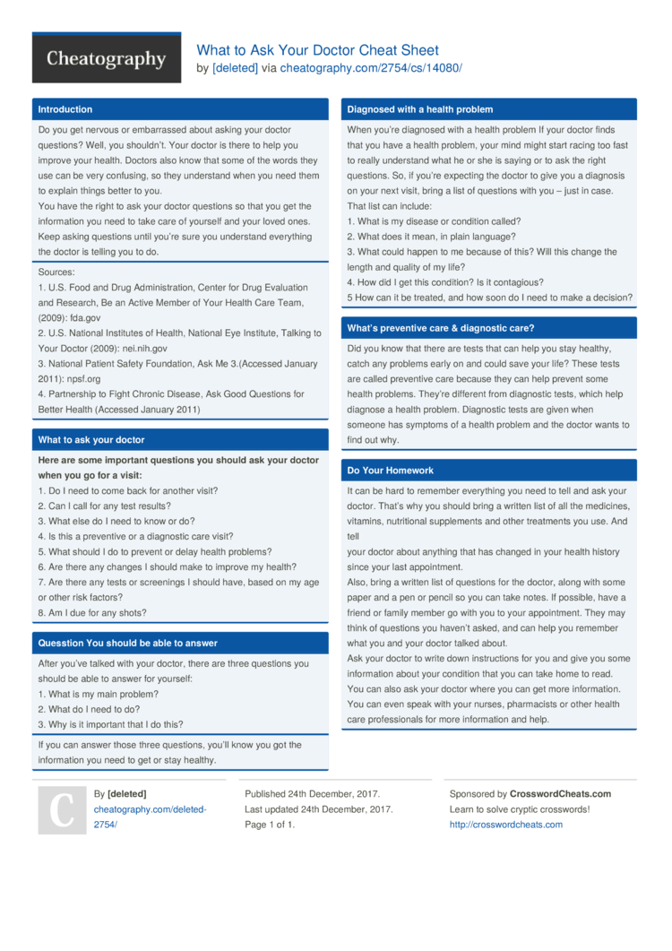 What To Ask Your Doctor Cheat Sheet By [Deleted] - Download Free.