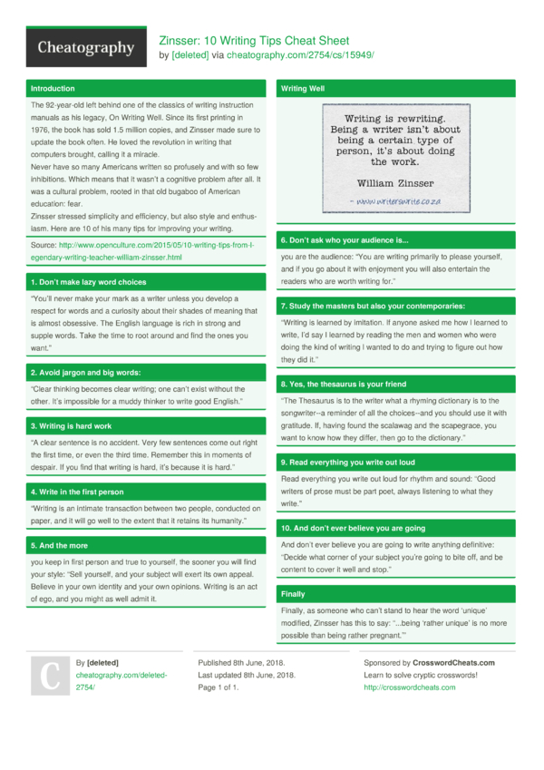 Zinsser 10 Writing Tips Cheat Sheet By Deleted Download Free From Cheatography Cheatography Com Cheat Sheets For Every Occasion