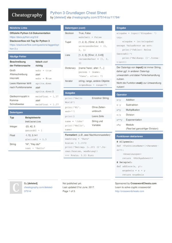 Python 3 Grundlagen Cheat Sheet by [deleted] - Download free from ...