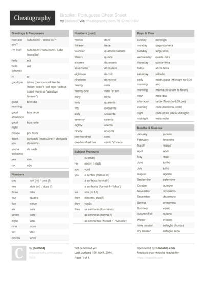 7 Portuguese Cheat Sheets - Cheatography.com: Cheat Sheets For Every ...