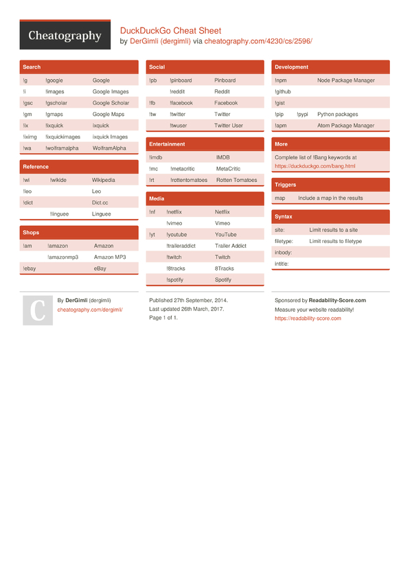 DuckDuckGo Cheat Sheet by dergimli - Download free from Cheatography ...