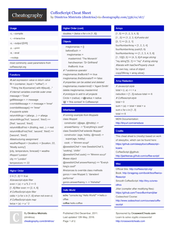 CoffeeScript Cheat Sheet by dimitrios - Download free from Cheatography ...