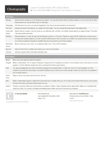 6 Lancer Cheat Sheets - Cheatography.com: Cheat Sheets For Every Occasion