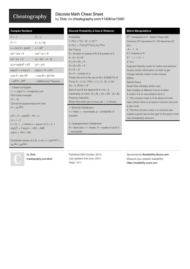 Discrete Math Cheat Sheet By Dois Download Free From Cheatography Cheatography Com Cheat Sheets For Every Occasion