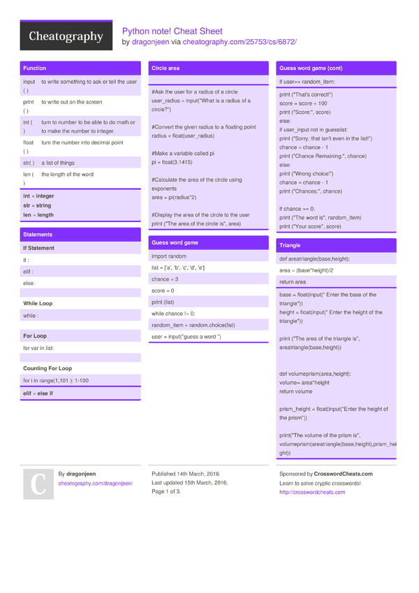 Python note! Cheat Sheet by dragonjeen - Download free from ...