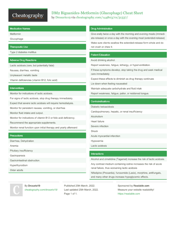 DM2 Biguanides-Metformin (Glucophage) Cheat Sheet by Drosario19 ...