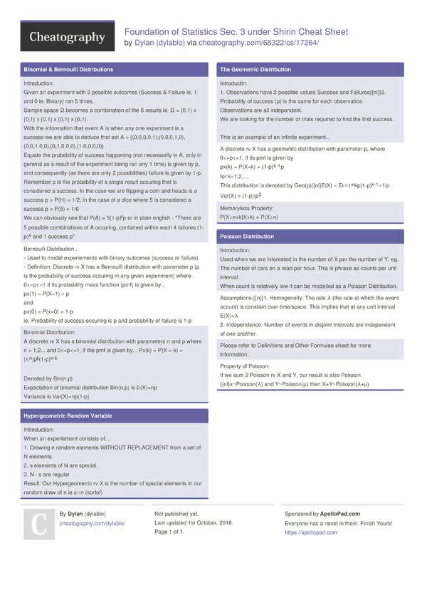 Foundation Of Statistics Sec 3 Under Shirin Cheat Sheet By Dylablo Download Free From Cheatography Cheatography Com Cheat Sheets For Every Occasion