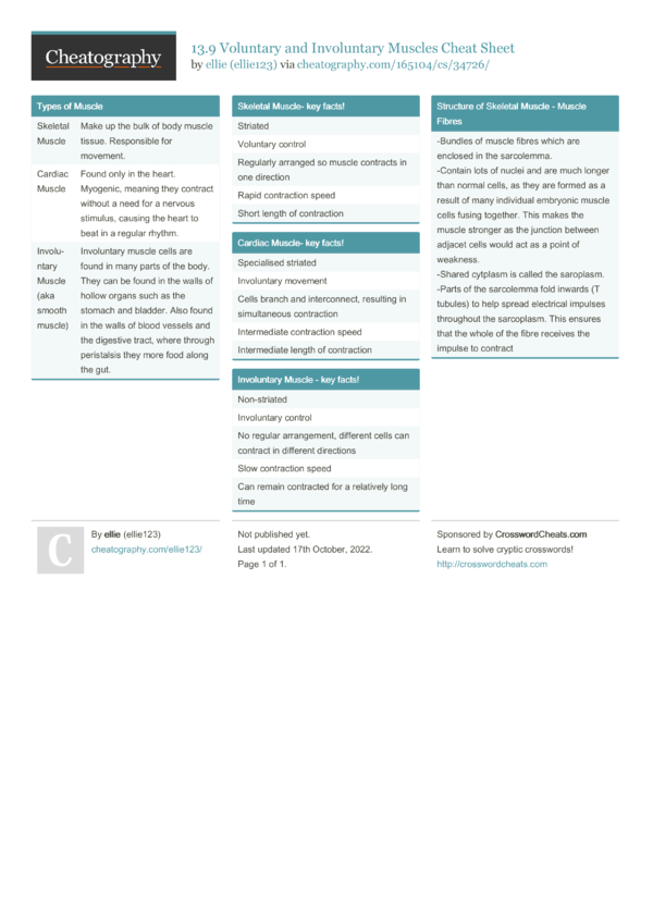 13.9 Voluntary and Involuntary Muscles Cheat Sheet by ellie123 ...