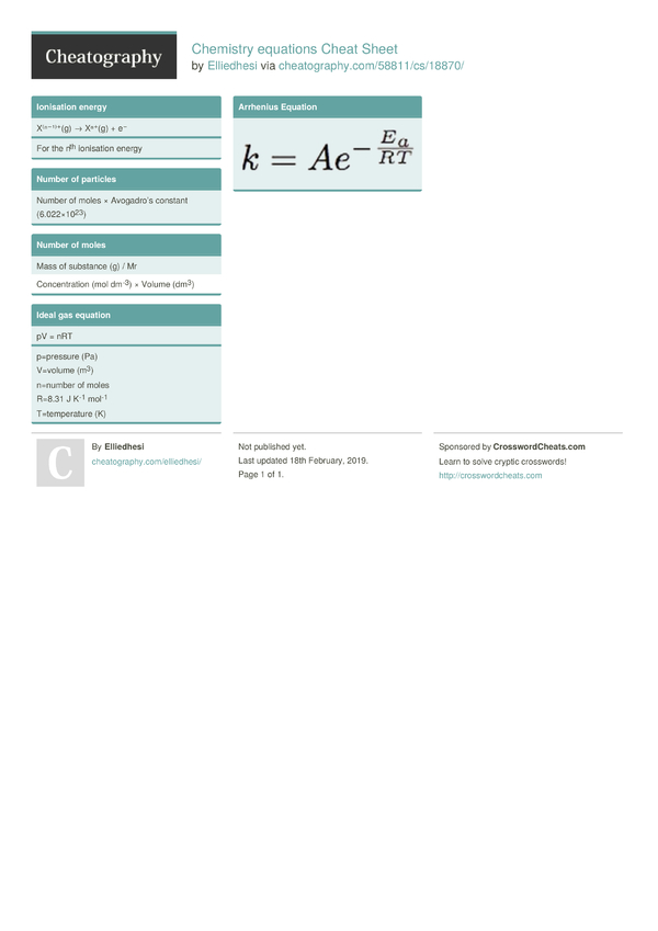 Chemistry Equations Cheat Sheet By Elliedhesi Download Free From Cheatography Cheatography Com Cheat Sheets For Every Occasion