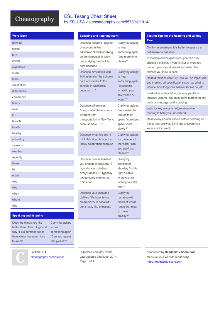 Esl Testing Cheat Sheet By Eslusa Download Free From Cheatography Cheatography Com Cheat Sheets For Every Occasion