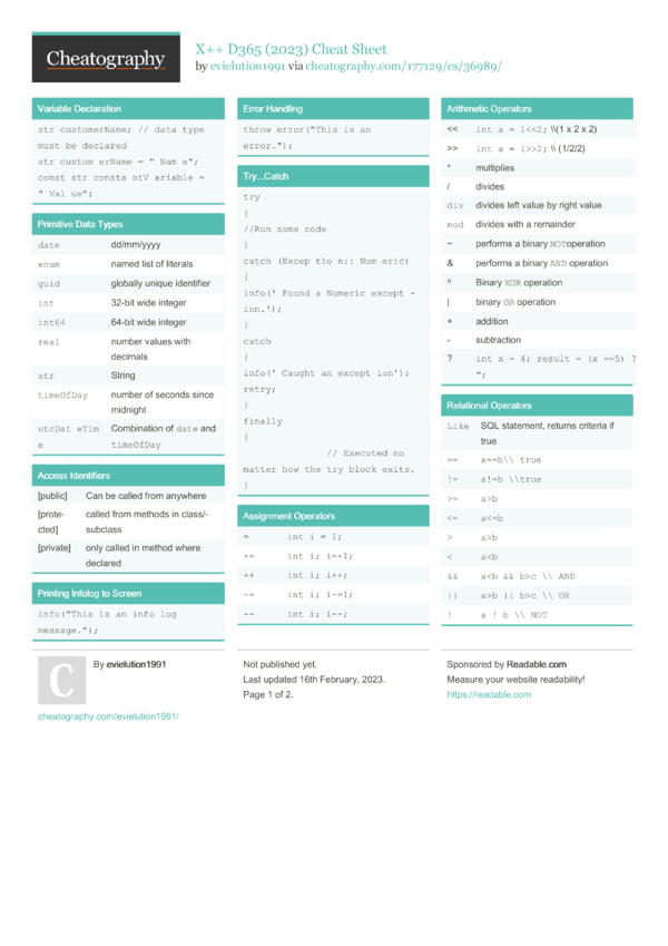 X++ D365 (2023) Cheat Sheet By Evielution1991 - Download Free From 