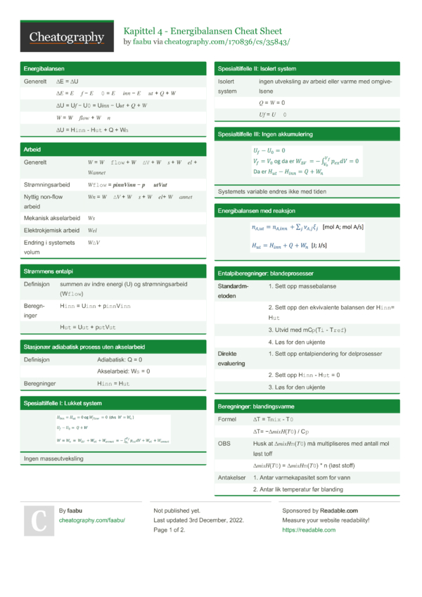 Kapittel 4 - Energibalansen Cheat Sheet by faabu - Download free from ...