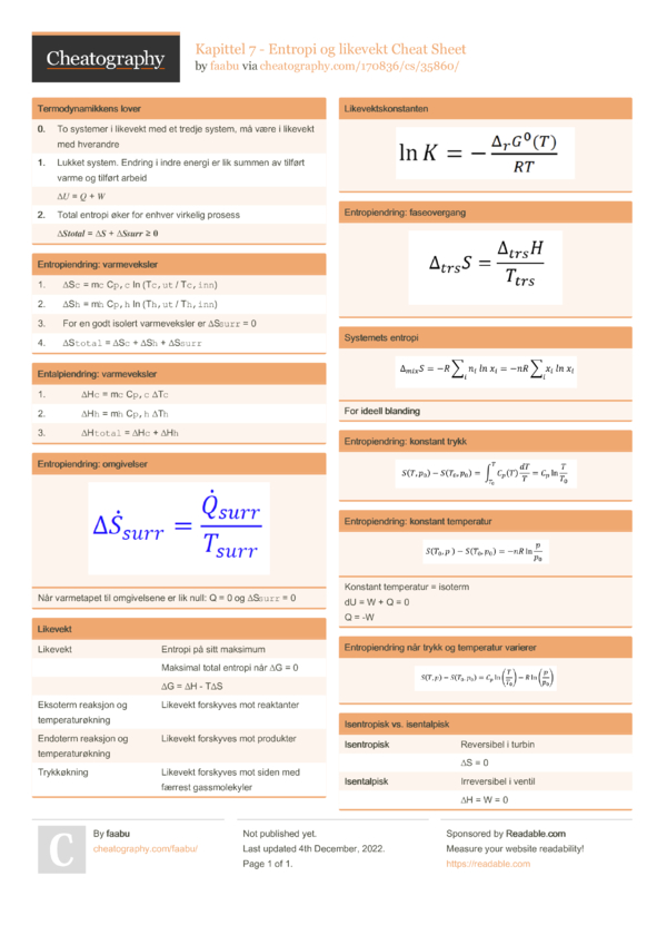 Kapittel 7 - Entropi og likevekt Cheat Sheet by faabu - Download free ...