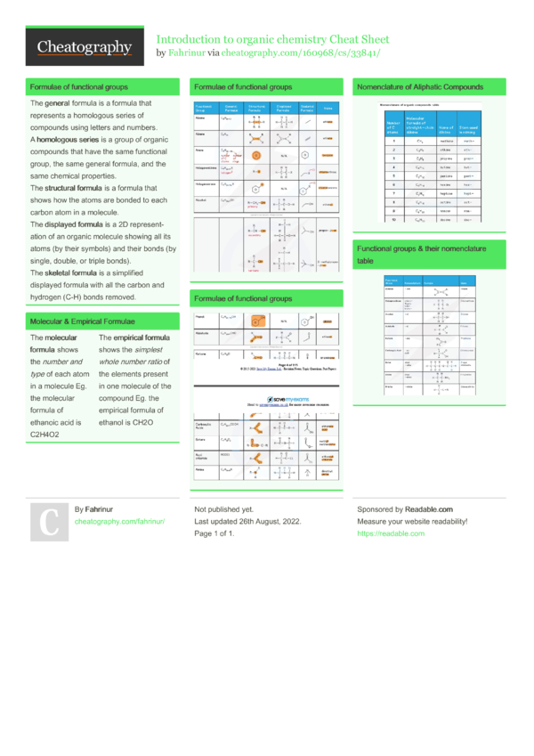 Introduction To Organic Chemistry Cheat Sheet By Fahrinur - Download ...