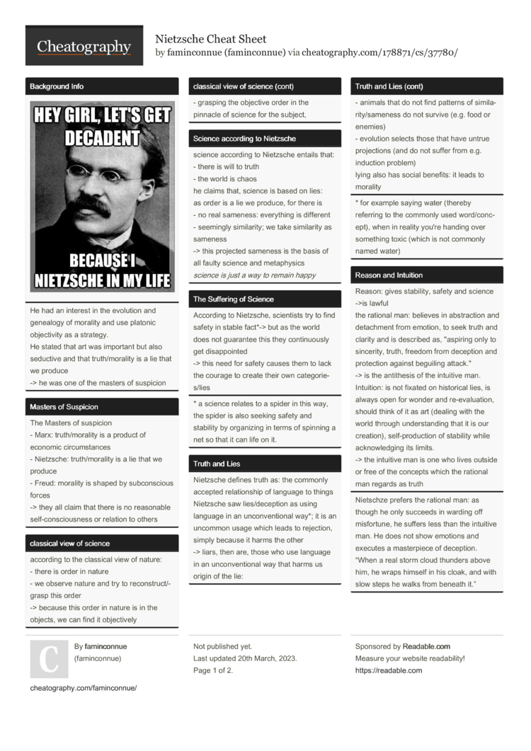 Nietzsche Cheat Sheet by faminconnue - Download free from Cheatography -  : Cheat Sheets For Every Occasion