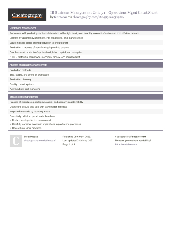 IB Business Management Unit 5.1 - Operations Mgmt Cheat Sheet by ...