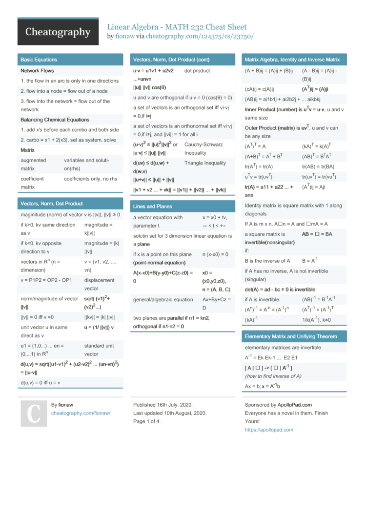 Linear Algebra Math 232 Cheat Sheet By Fionaw Download Free From Cheatography Cheatography Com Cheat Sheets For Every Occasion