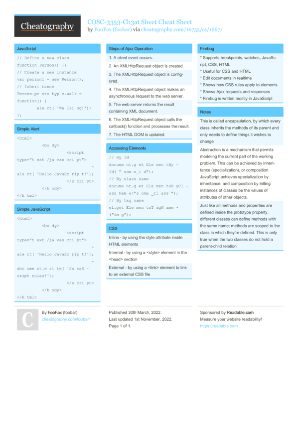 Cosc-3353-ch3at Sheet Cheat Sheet By Foobar - Download Free From 