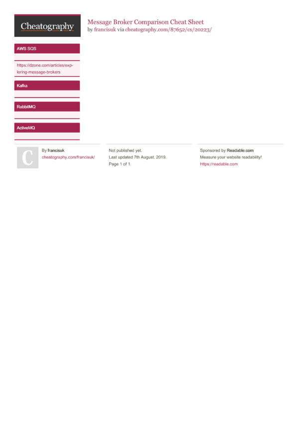 Message Broker Comparison Cheat Sheet by francisuk - Download free from ...