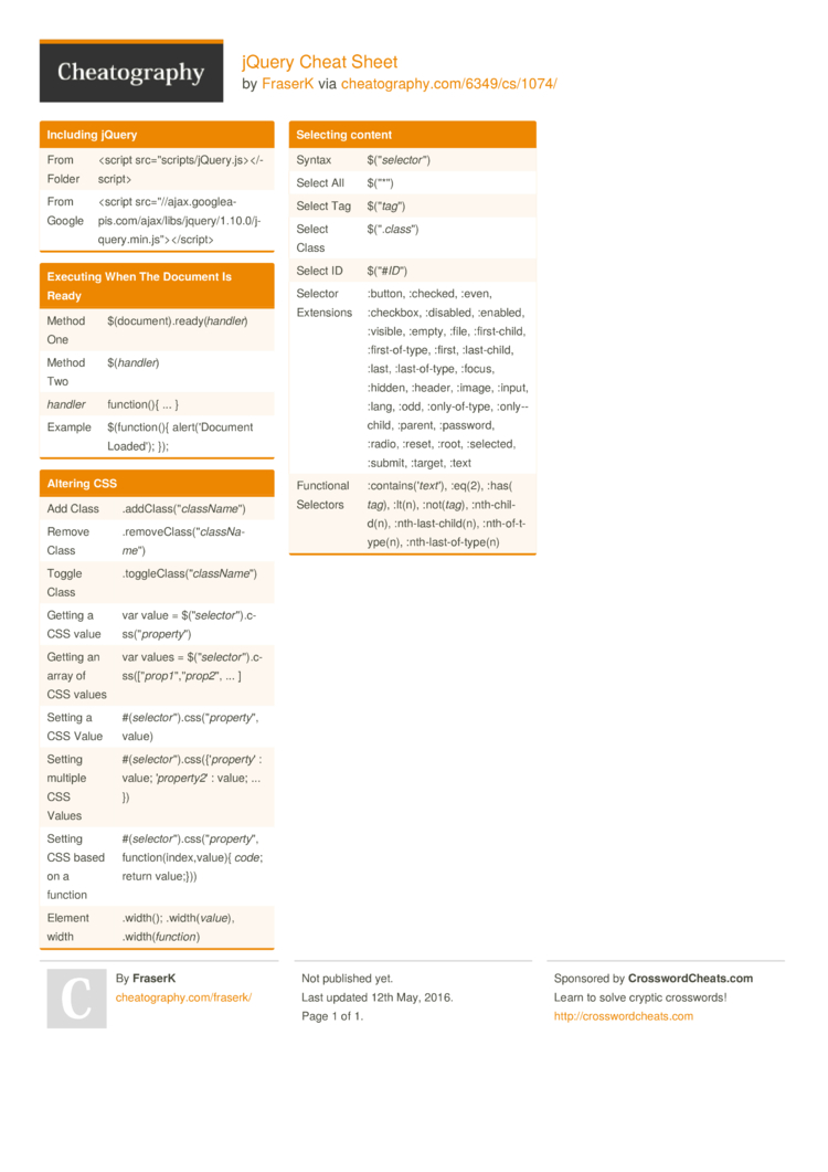 jQuery Cheat Sheet by FraserK   Download free from Cheatography ...