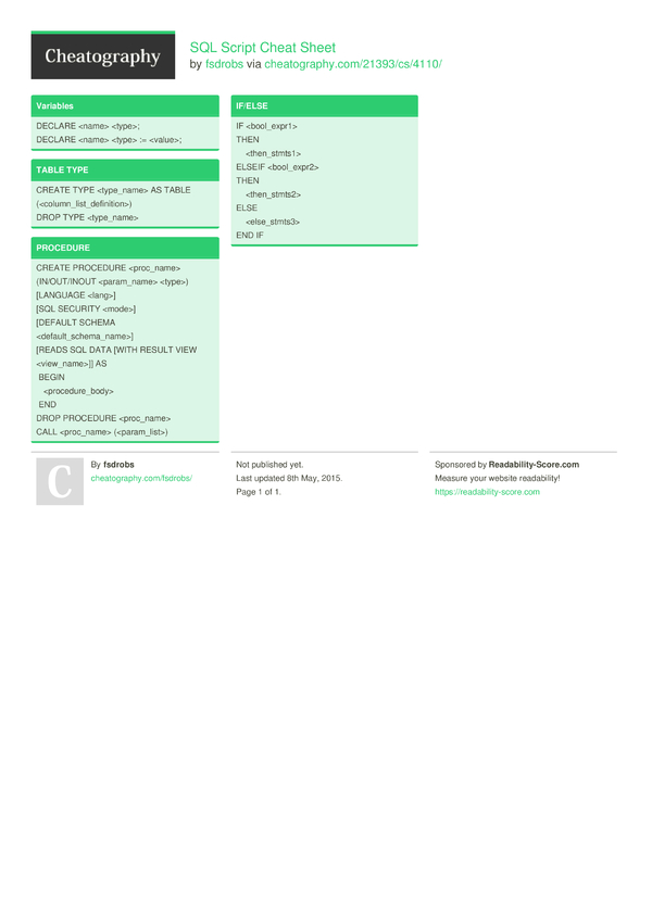 SQL Script Cheat Sheet by fsdrobs - Download free from Cheatography ...