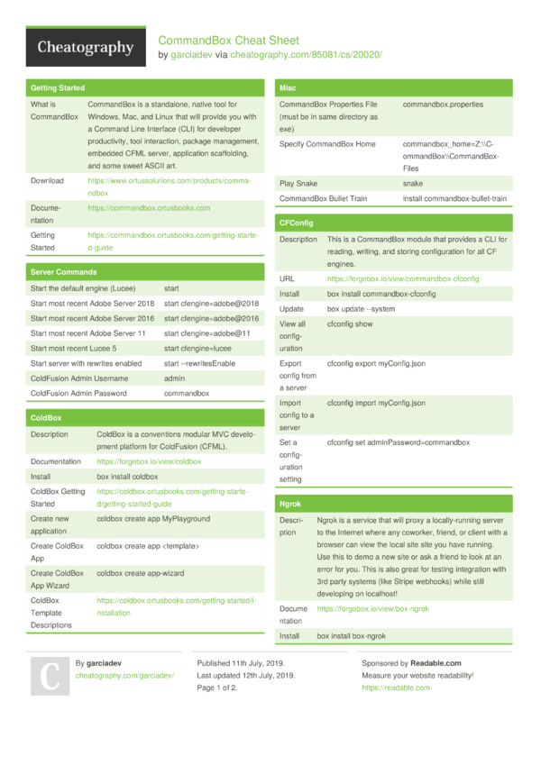 CommandBox Cheat Sheet by garciadev - Download free from Cheatography ...