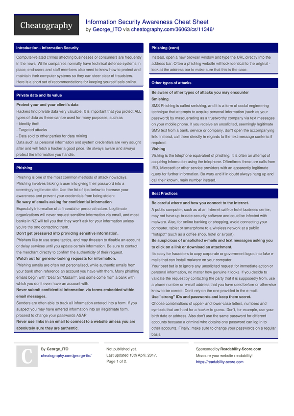 Information Security Awareness Cheat Sheet by George_ITO - Download ...