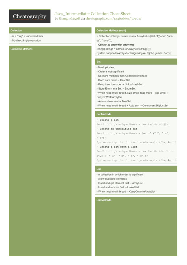 Java_Intermediate: Collection Cheat Sheet by Giang.nd2508 - Download ...