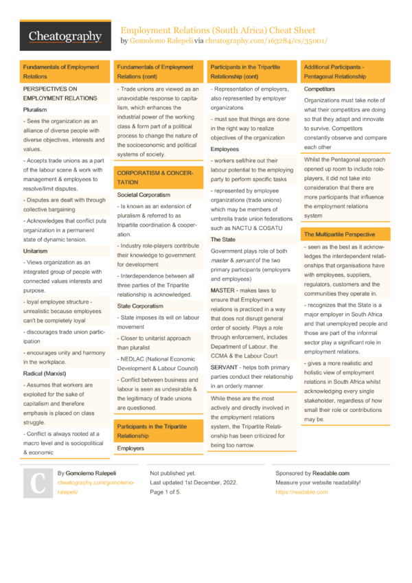 Employment Relations (South Africa) Cheat Sheet by Gomolemo Ralepeli ...