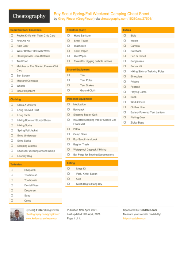 Boy Scout Spring/Fall Weekend Camping Cheat Sheet by GregFinzer ...