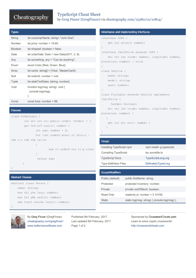 TypeScript Cheat Sheet by GregFinzer - Download free from Cheatography -  : Cheat Sheets For Every Occasion