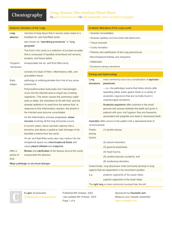 Lung Abscess (Des Jardins) Cheat Sheet by Guenevere - Download free ...